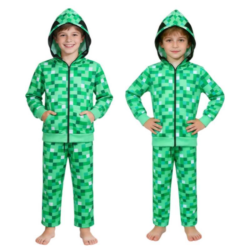 Minecraft Creeper Kids Hoodie And Pants Set With Polyester Fabric For Cosplay And Casual Wear