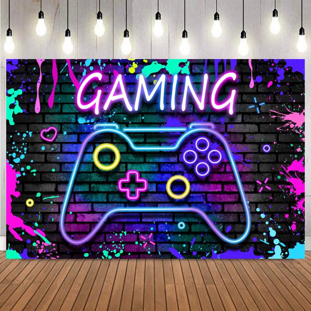 Kids Birthday Party Decor Photography Background Game On Theme Video Gamer Neon Green Gaming Next Level Up Backdrop Props31