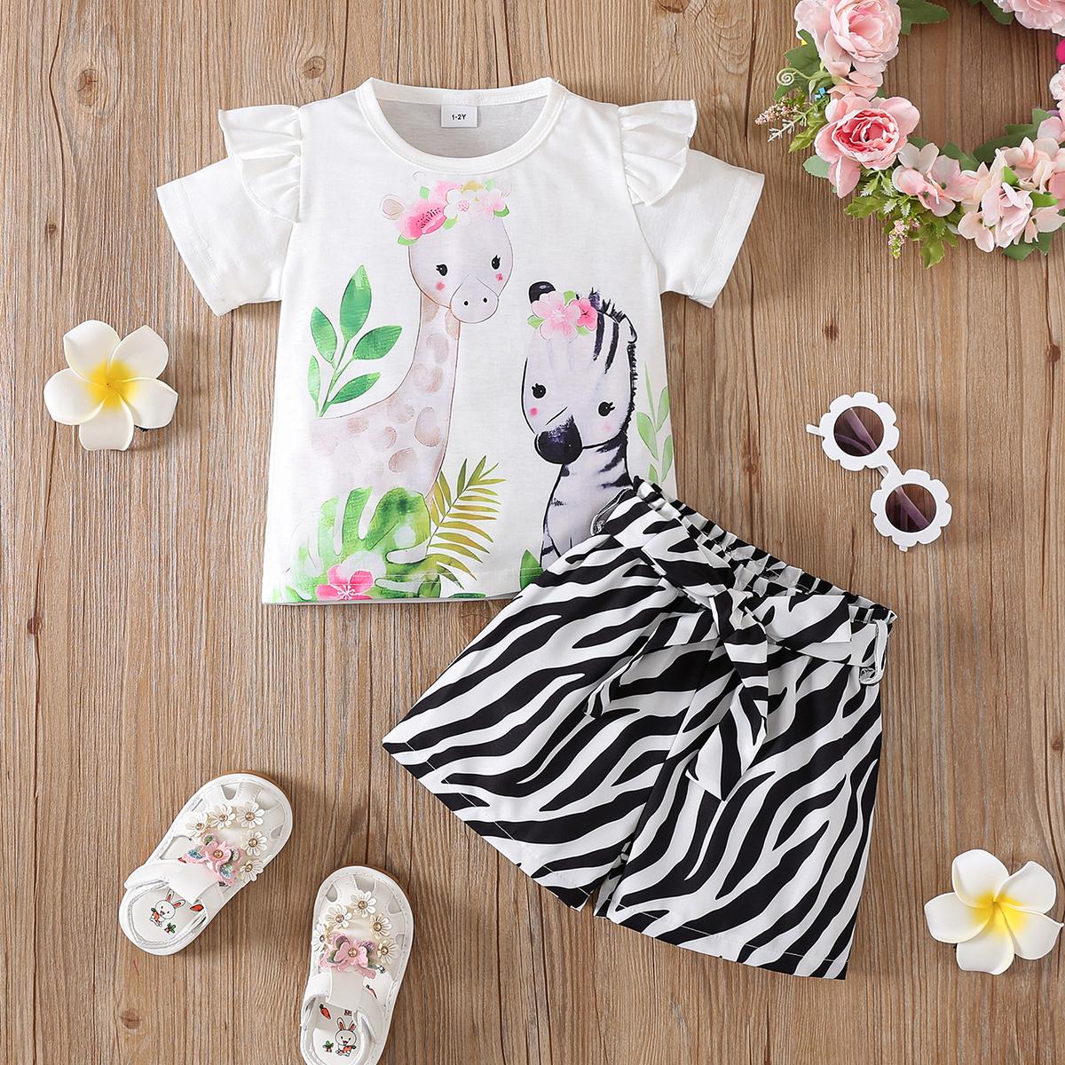 

Girls Summer Outfit Cartoon Giraffe Print Sleeveless Top and Shorts Set Fashion Kids Clothes 7-8Y