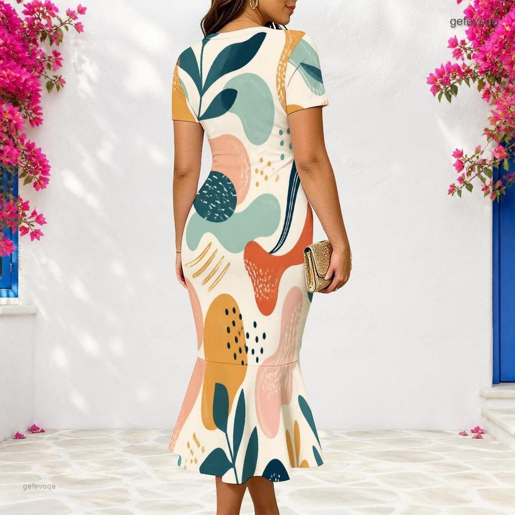 Women Plus Size V Neck Short Sleeve Abstract Printed Fitted Fishtail Dress