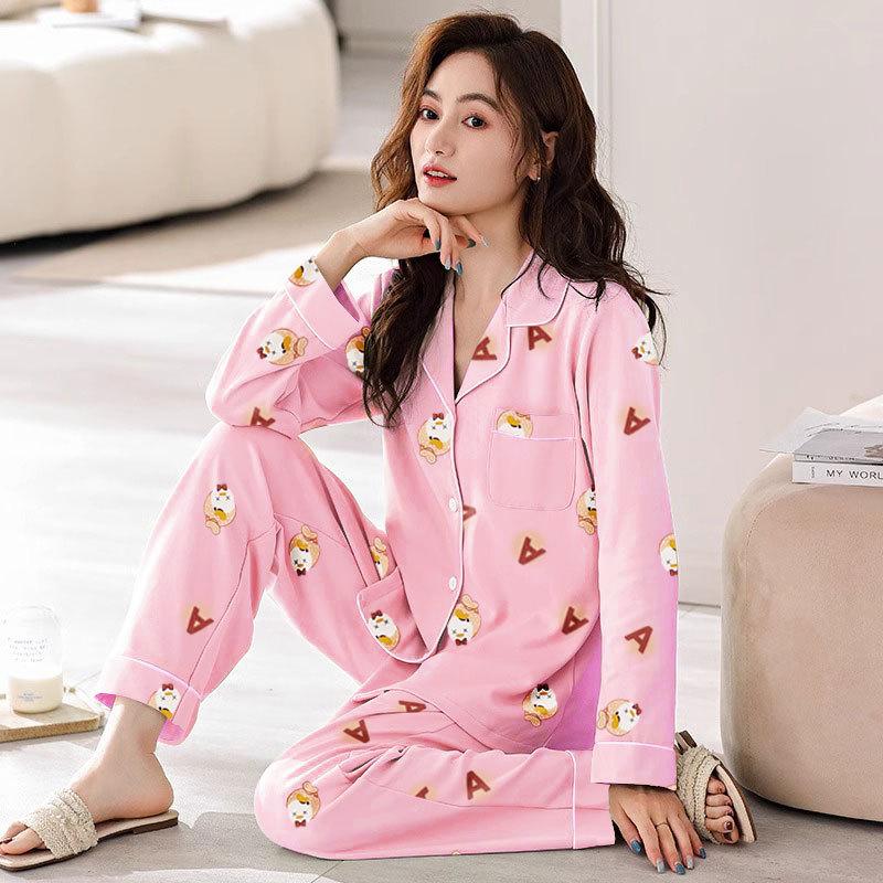 Spring And Autumn Pajamas Women'S Cardigan Long-Sleeved Trousers Korean Girls' Simple Cartoon Loungewear Suit Can Be Worn Outside