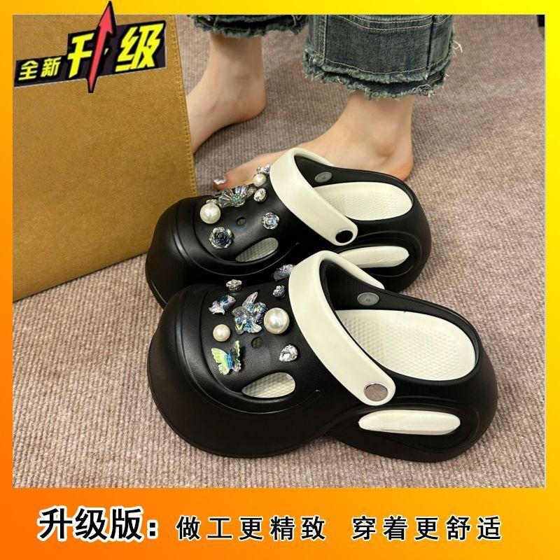 Small thick-soled heightening beach bag head women's half slippers 2025 summer new fashion hole shoes women's outer wear