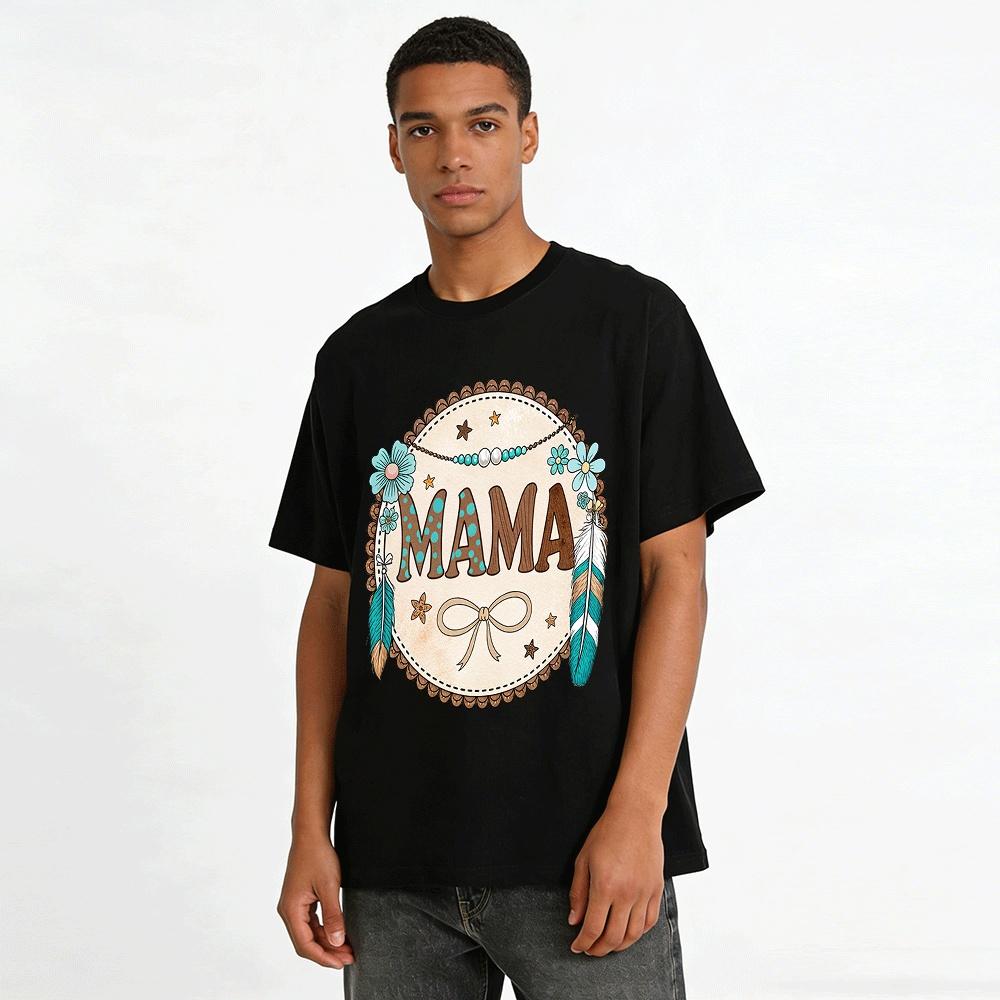 Bohemian Style MAMA Print Casual Crewneck Top For Family Pure cotton T-shirt
