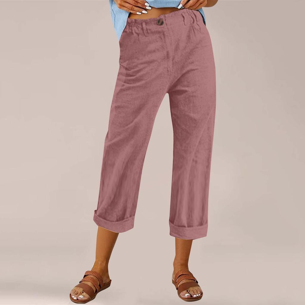 Women's Fashion Cotton-Linen Blend Loose-Fit High-Waisted Casual -Color Straight-Leg Pants