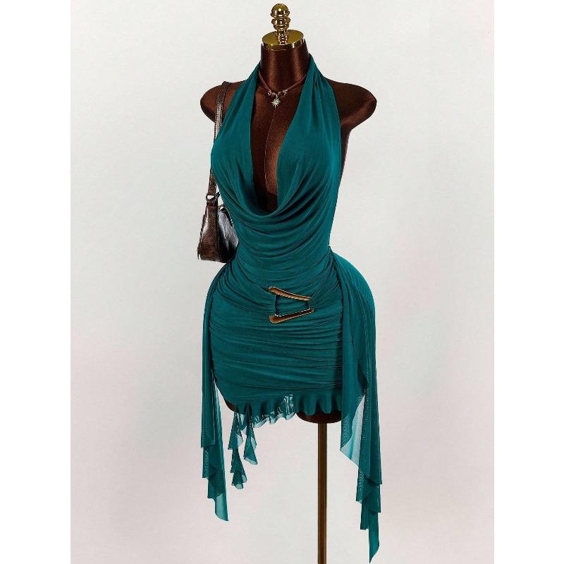 Women s Halter Neck Ruched Bodycon Mini Dress with Asymmetrical Hem S зелёный