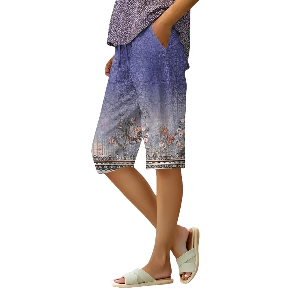 Women's Summer Elasticated Tie Waist Floral Cotton & Linen Loose Shorts