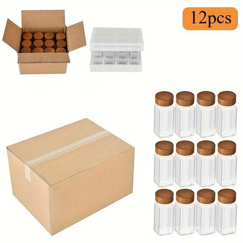 12Pcs Square Glass Spice Jars Set with Bamboo Lids, 4oz Airtight Seasoning Containers with Labels, Funnel, and Brush - Transparent Condiment Pots