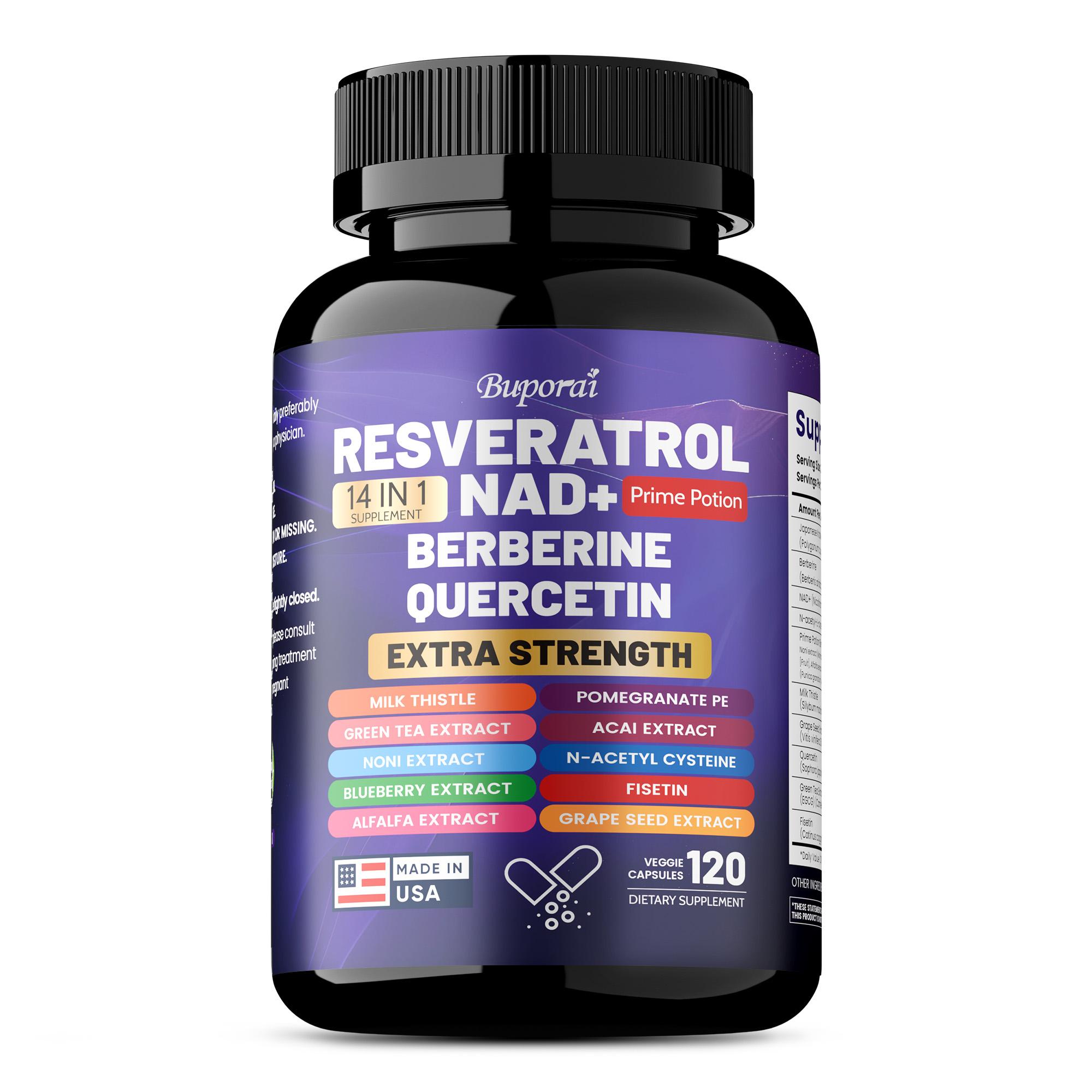 

Resveratrol supplement containing milk thistle, berberine, green tea, blueberry, grape seed extract, and antioxidant support. 120