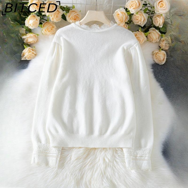 BITCED Autumn/Winter Elegant Women's Pullover Top with Lace-Panelled Long Sleeves