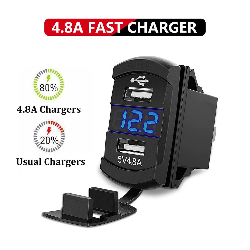 Purishion 4 Gang Rocker Switch Aluminum Panel with Voltmeter & Dual USB(4.8 Amps) Fast Charging, Blue Backlit Led, Pre-Wired IP65 Waterproof for