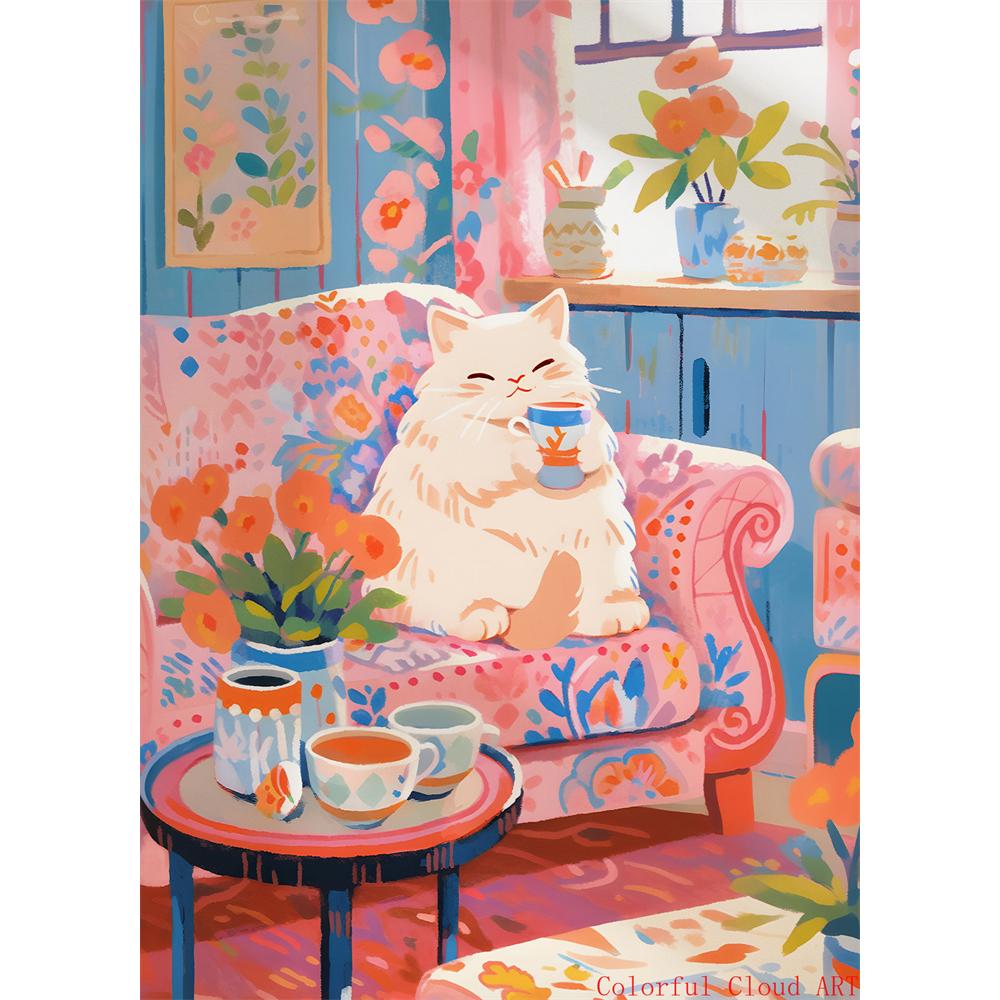 5D DIY Diamantmalerei Kreuzstich Stickerei Lustiges Tier Niedliche Schwarze Katze Weiße Katzen Vollrunde Bohrer Heimdekor Wandkunst Geschenk