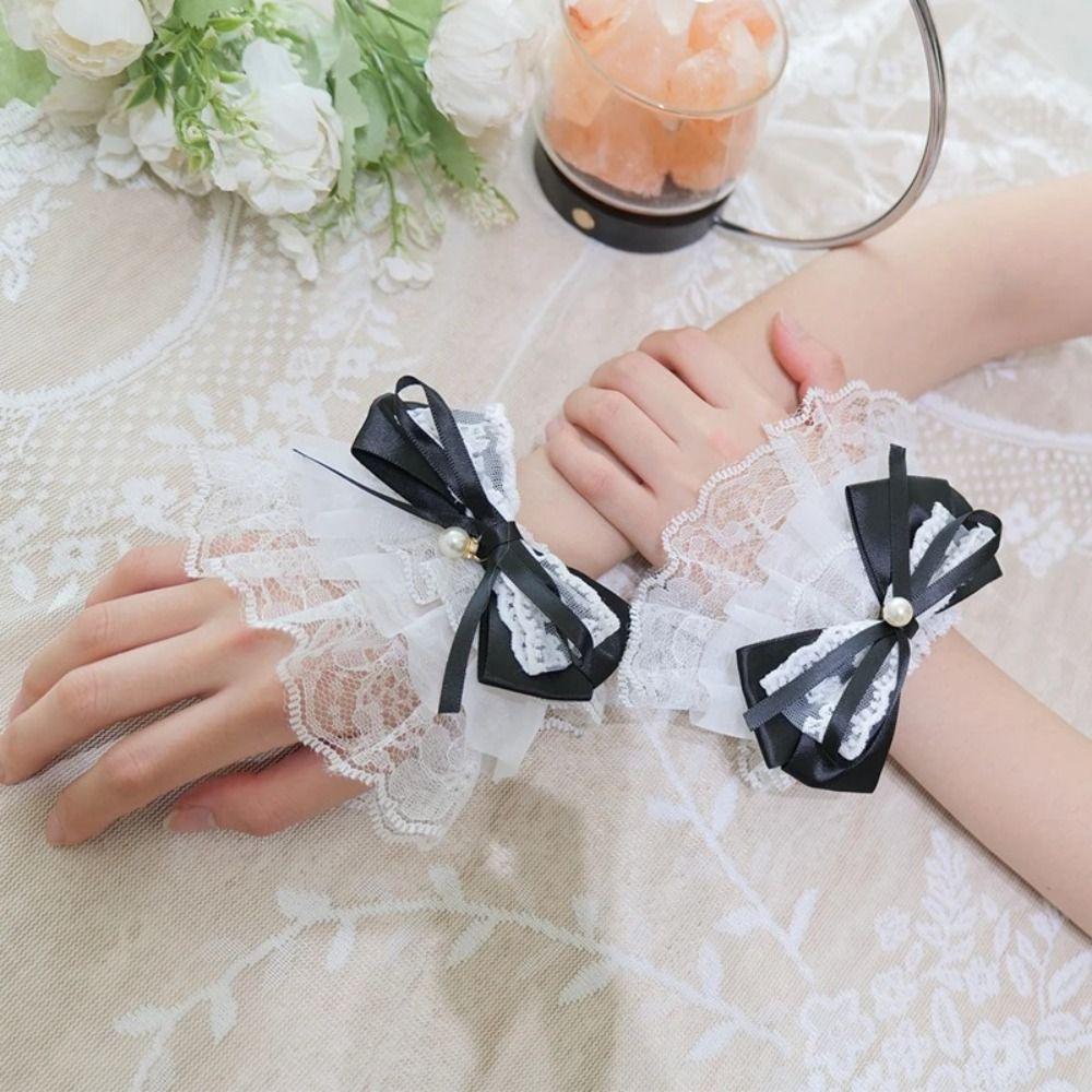 Sweet White Lace Cuff Pearl Bow Detachable Fake Flared Sleeves False Sleeve Cuffs Cosplay Ornament
