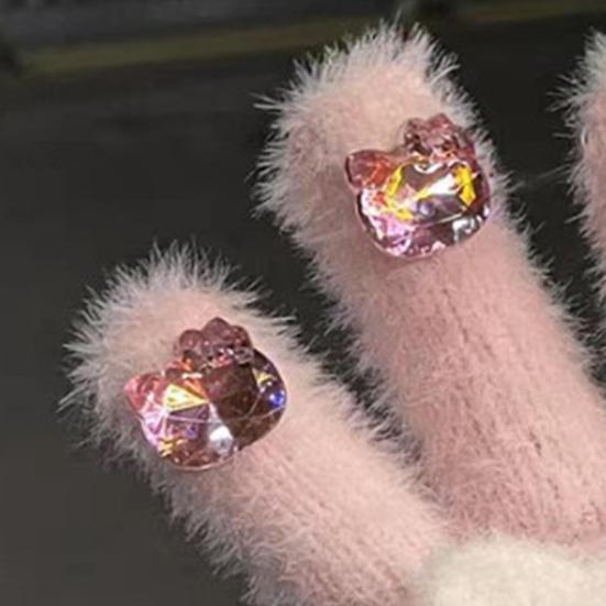 Dziewczęce kreskówkowe rękawiczki z kotkiem, urocze pluszowe rękawiczki z kotem, puszyste ciepłe rękawiczki z cyrkoniami w kształcie głowy kota dla kobiet na zimę, do codziennych sprawunków