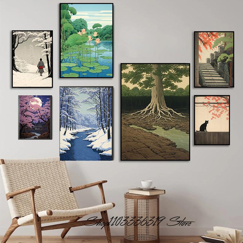Japanese Style Forest Cherry Blossoms Snow Cat Landscape Art Poster Canvas Painting Wall Prints Picture Living Room Home Decor