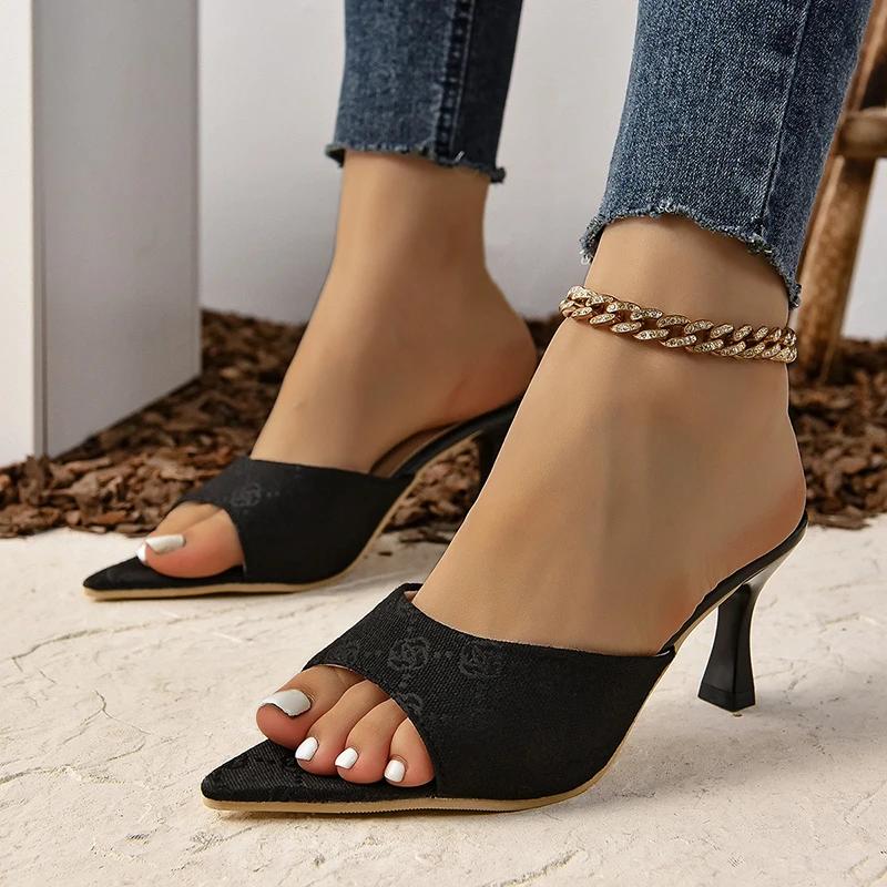 Brand Design High Heels Sandals Women Summer Flower Print Thin Heeled Pumps Woman Plus Size 42 Pointed Toe Party Shoes