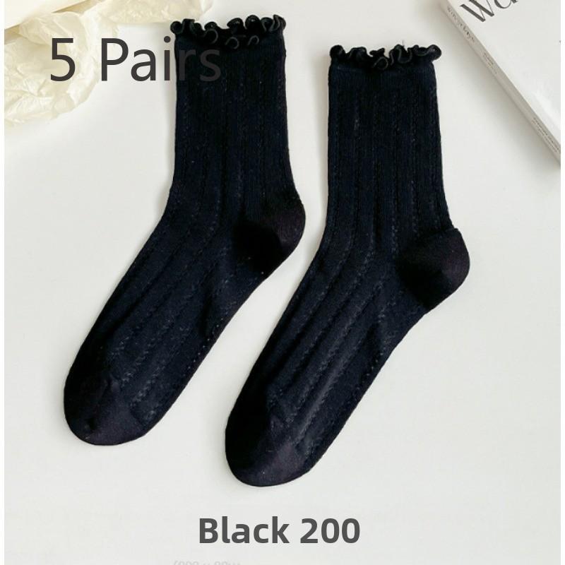 5 Pairs Ballet Style Hollow Mesh Wooden Ear Lace Socks Summer Thin Section of Boneless Mid-calf Socks Candy-coloured Stacked Socks