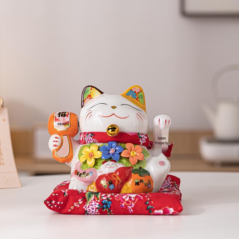 Electric Waving Lucky Cat Ceramic Ornament for Home, Living Room, Shop, or Cashier Desk.