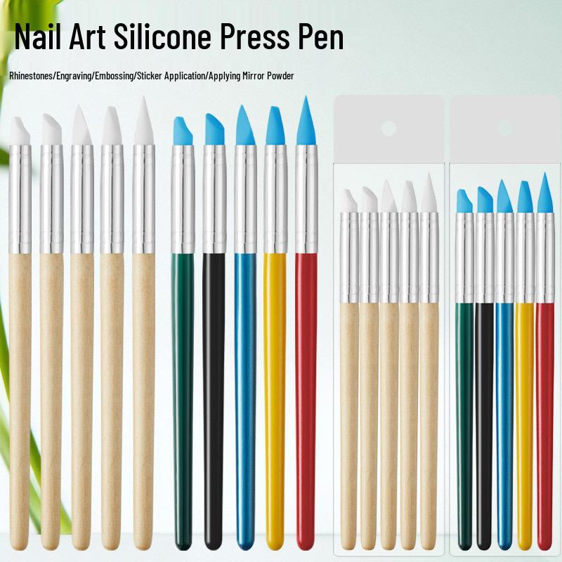 5-Piece Wood Handle Nail Art Silicone Pen Set - Multi-functional Carving & Color Mixing Tool.