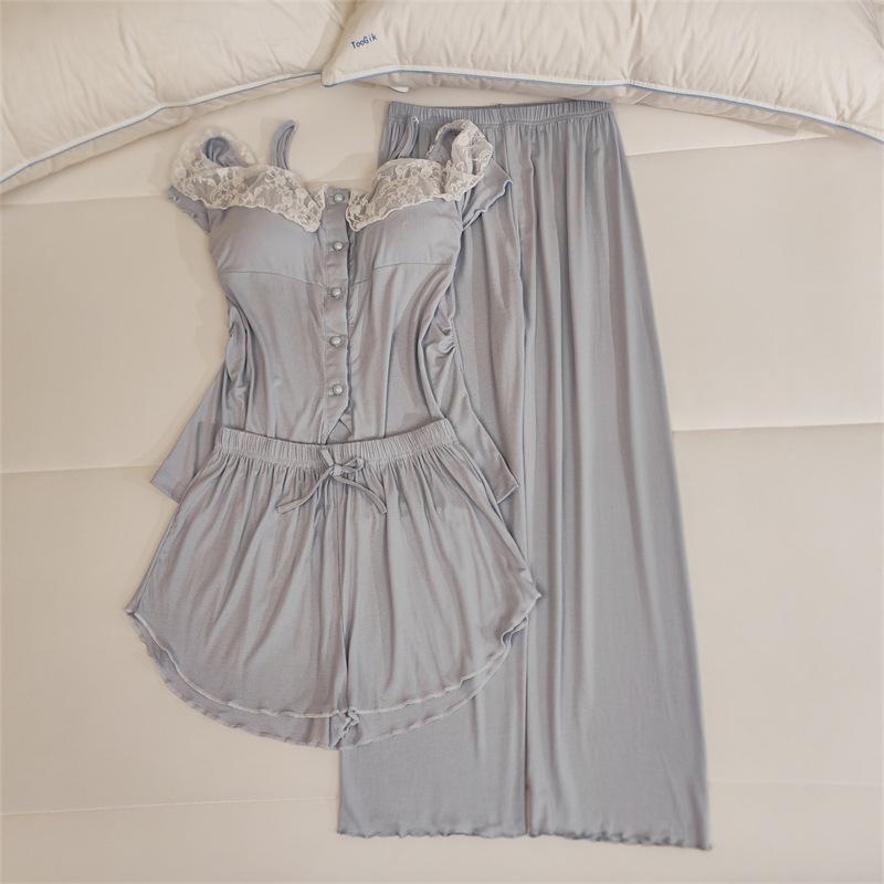 Women's Lace Camisole Sleepwear Set with Chest Pads - Sweet & Sexy Spring/Summer Homewear.