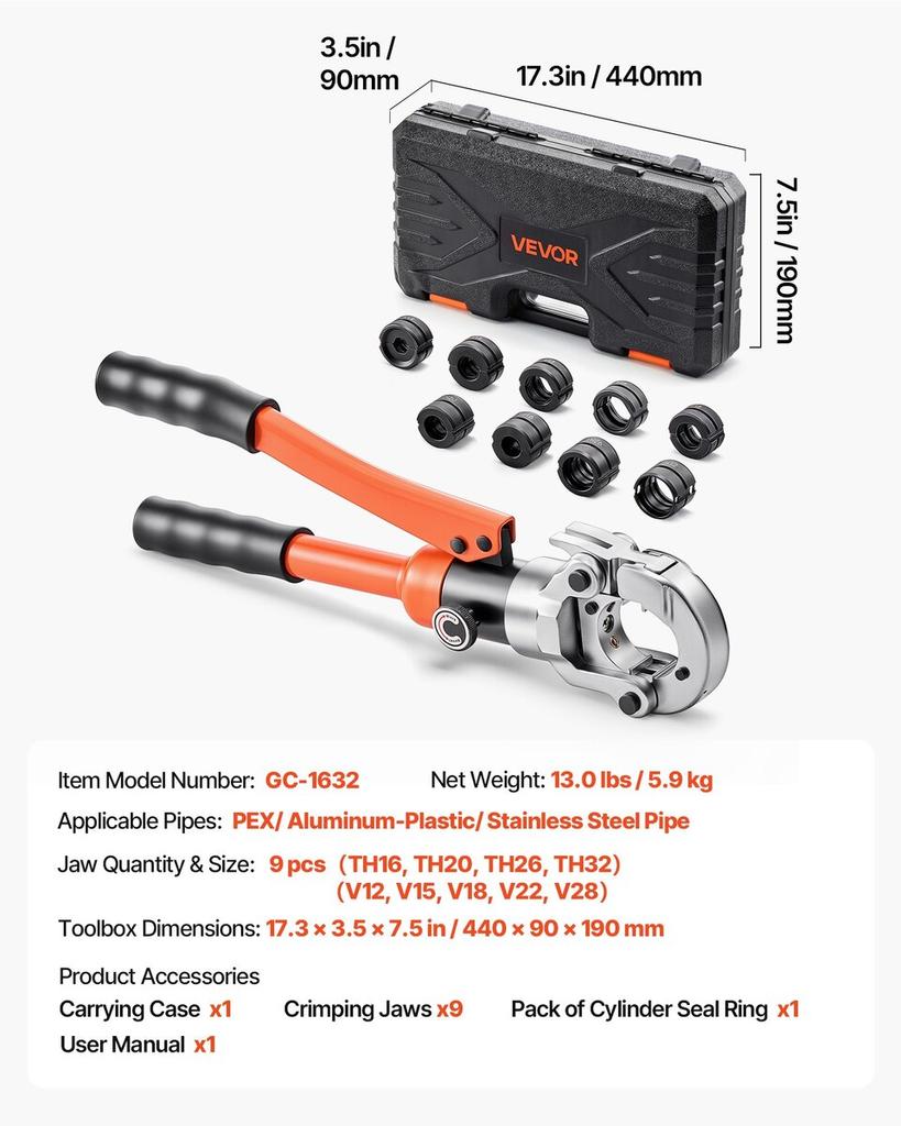 Hydraulic Pipe Crimping Tool, Multi-Functional Tube Fittings Crimper with TH16 TH20 TH26 TH32 Jaws for PEX & Aluminum-Plastic Pipes, and V12 V15 V18