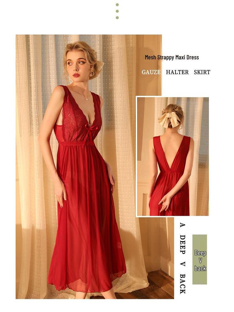 Elegant Women's Wide Strap Mesh Lace Nightgown Pajamas