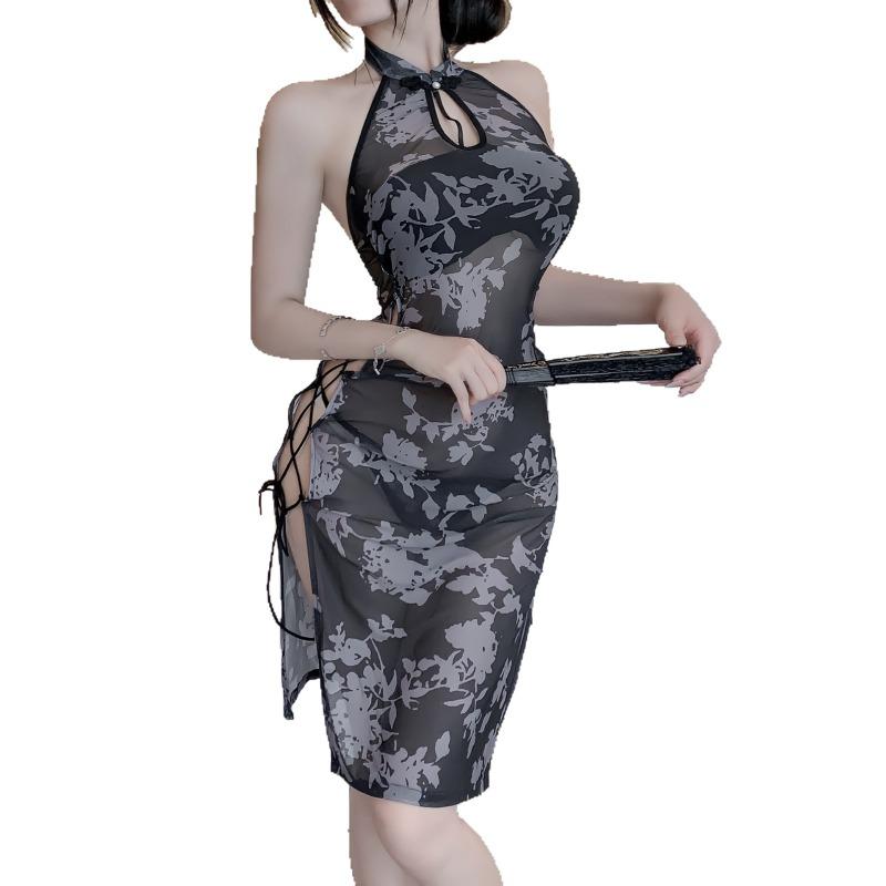 Sexy Printed Backless Cheongsam Neck Dress Embroidered Slit Classical Lingerie Retro Cosplay Woman