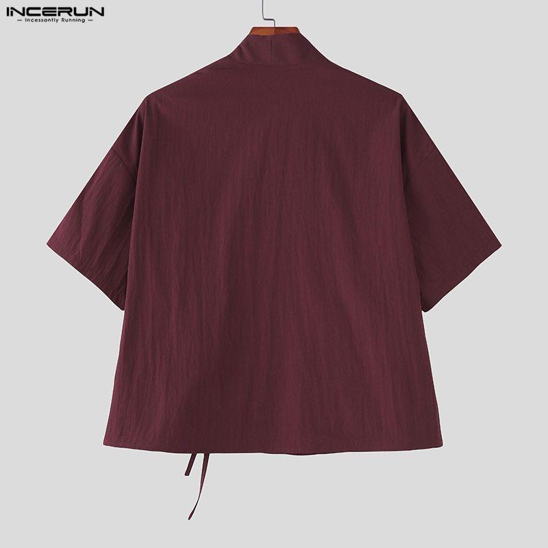 INCERUN Camicie Casual Estive Oversize da Uomo con Scollo a V a Maniche Corte Nodo Retro Top