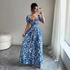 New printed puff-sleeved square neck lace-up waist elegant dress for women