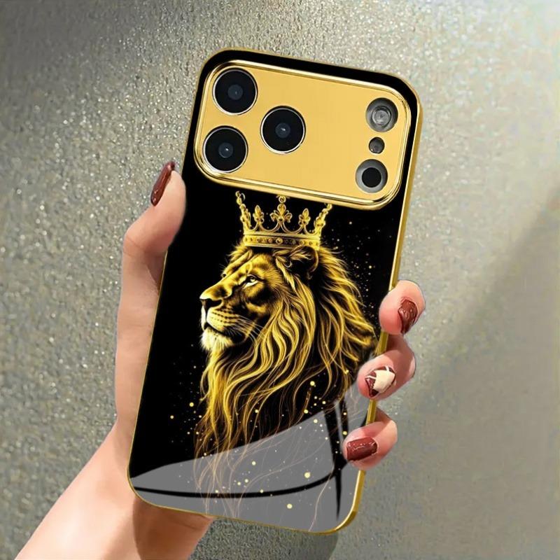 Crown Golden Lion Print Metallic Tempered Glass Phone Case For iPhone 18 17 16 15 14 13 12 11 Pro Max 14 Plus 17 Air 16E Cover