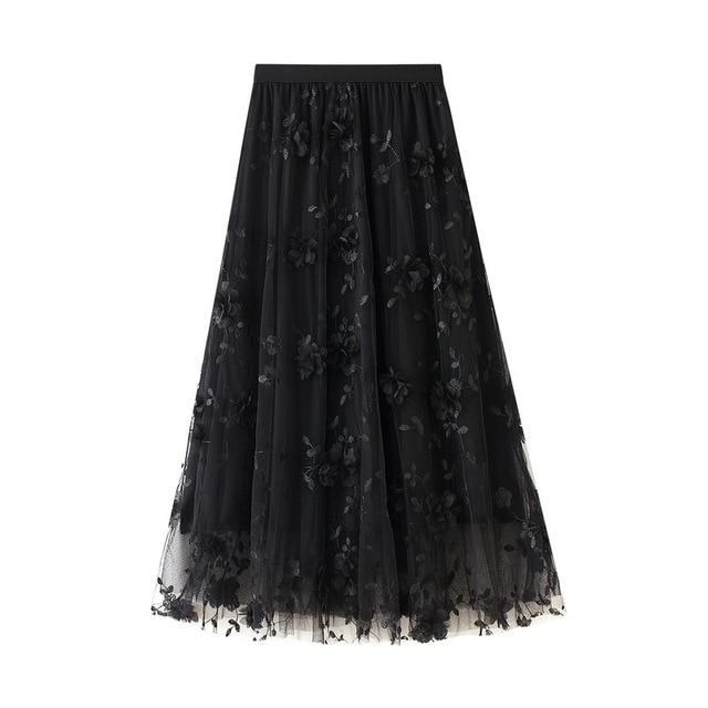 Luxus Frau Röcke Koreanischen Stil, Mode, Elastische Taille Applikationen Stickerei Floral Mesh Rock Lange Gaze Ballkleid Rock