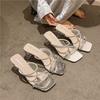 2025 Silver Crystal Sandals Women Thick Heel Sandles Woman Summer Med Heeled Party Shoes Female