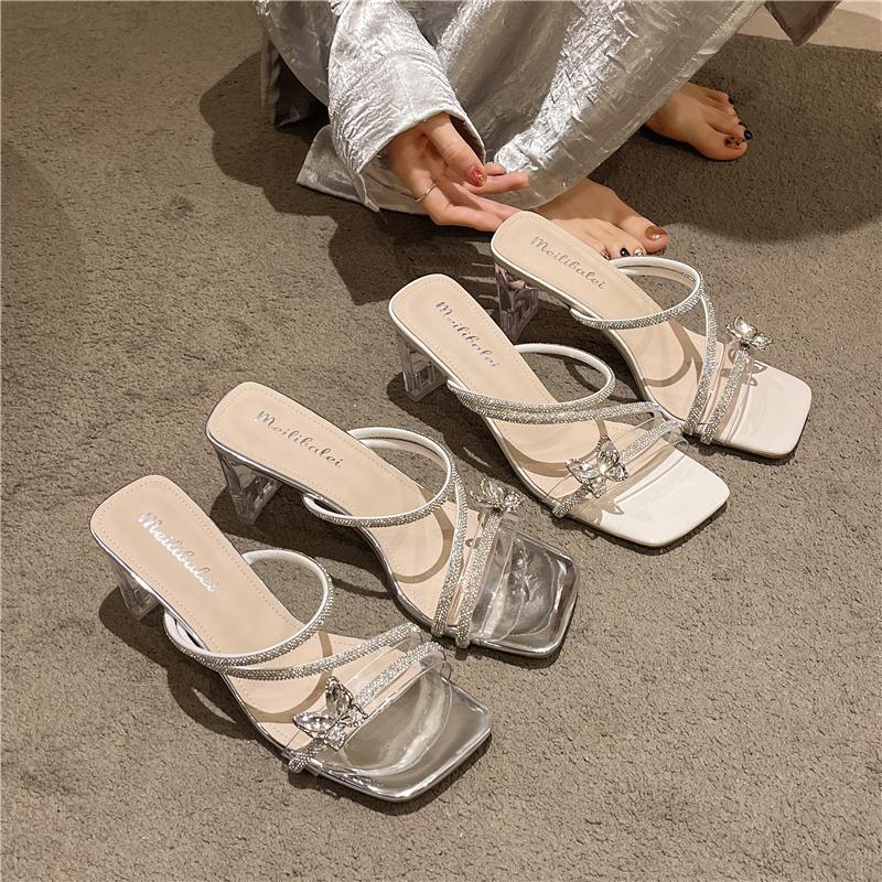 2025 Silver Crystal Sandals Women Thick Heel Sandles Woman Summer Med Heeled Party Shoes Female