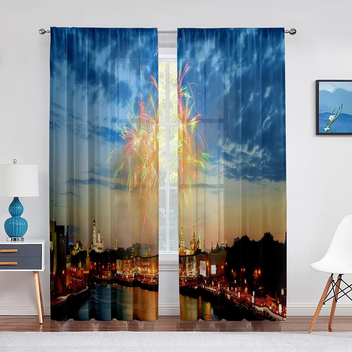 

Мечтательный пейзаж, ночной вид, фейерверк, звездное небо, тюлевые шторы для гостиной, спальни, декор, шифоновая прозрачная вуаль, оконная занавеска 1 PCS W100XH250cm&Grommet Top