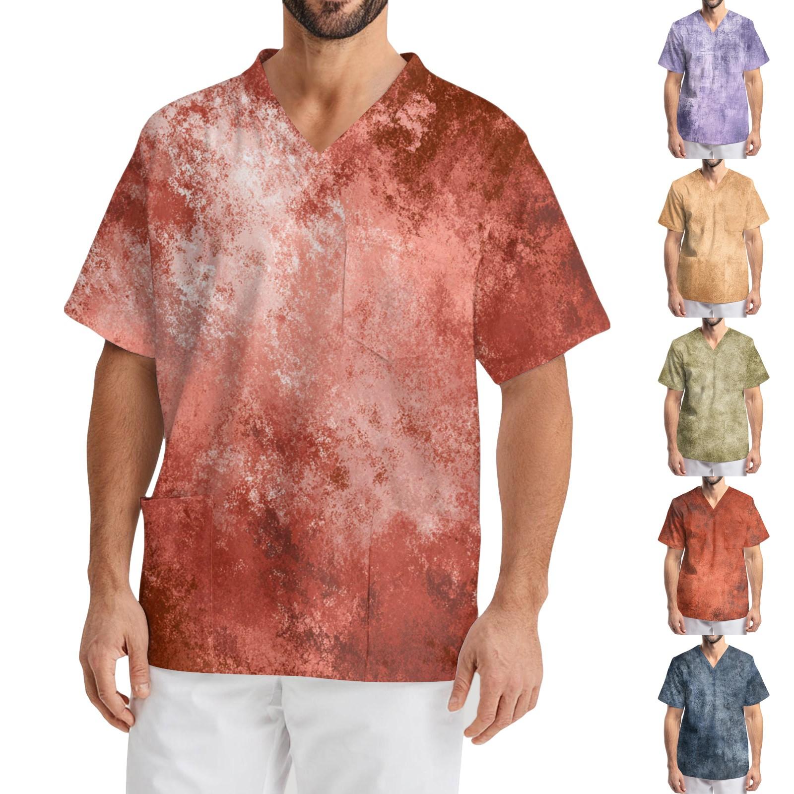 Мужская рабочая блузка с короткими рукавами и v-образным вырезом с принтом, топ с нагрудным карманом L