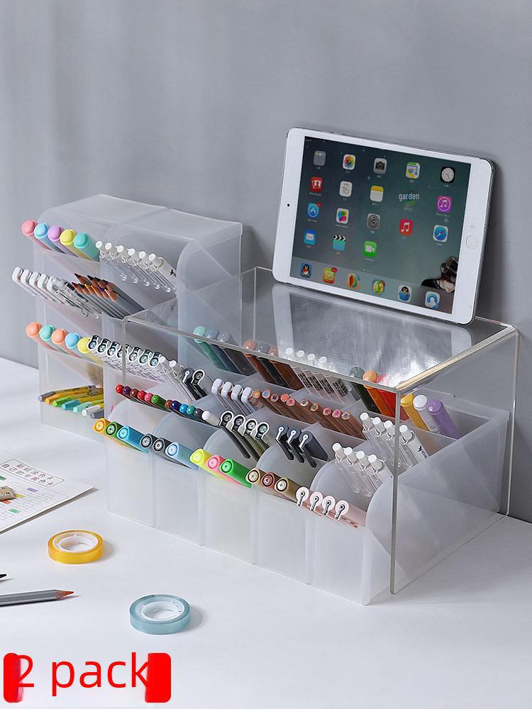 "Desktop Frosted Pen Holder: Slanted Makeup Brush & Lipstick Organizer, Multi-functional Stationery Storage"