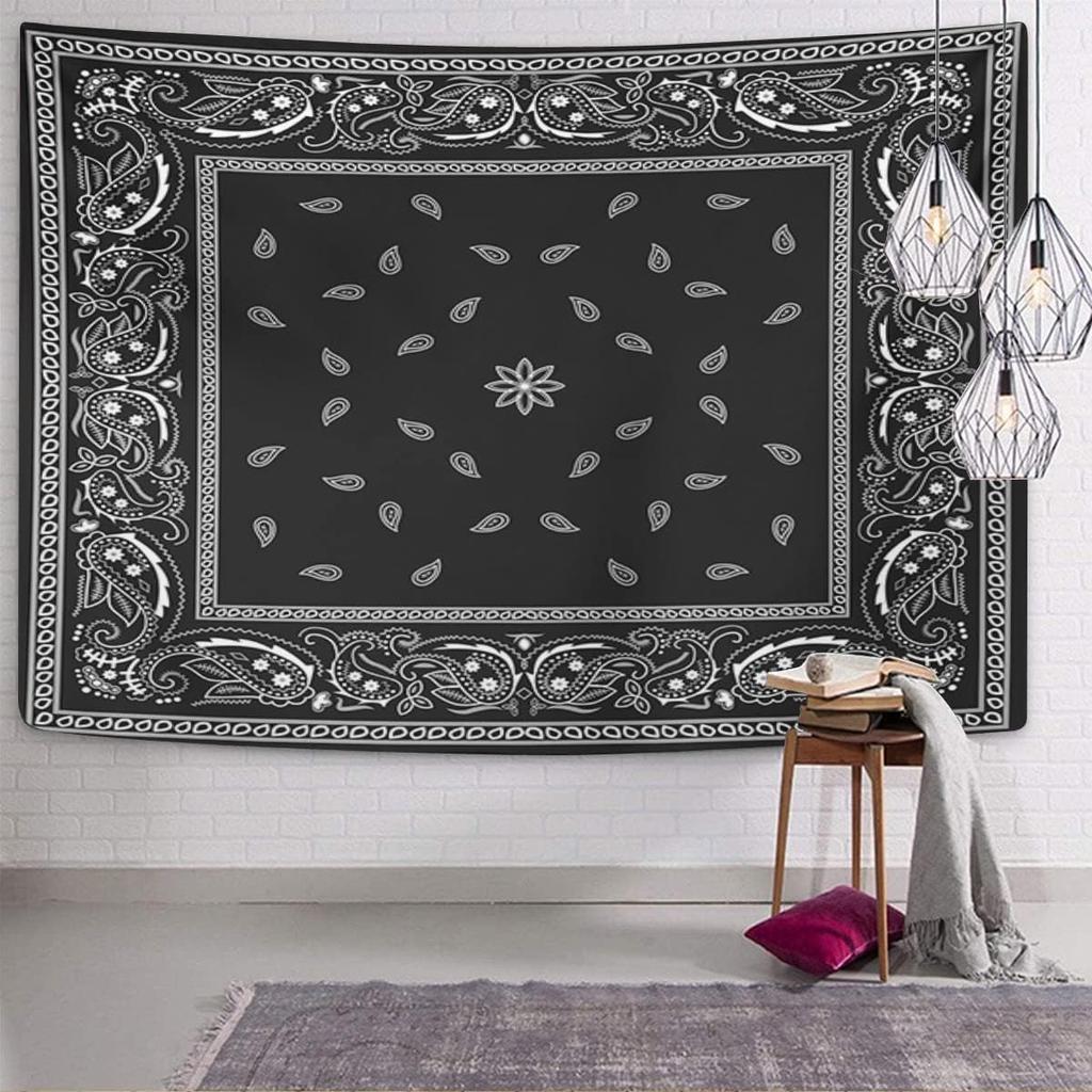 Tapestry Colorful Paisley Black Pattern Bandanna Border Scarf White Home Decor Wall Hanging for Living Room Bedroom Dorm