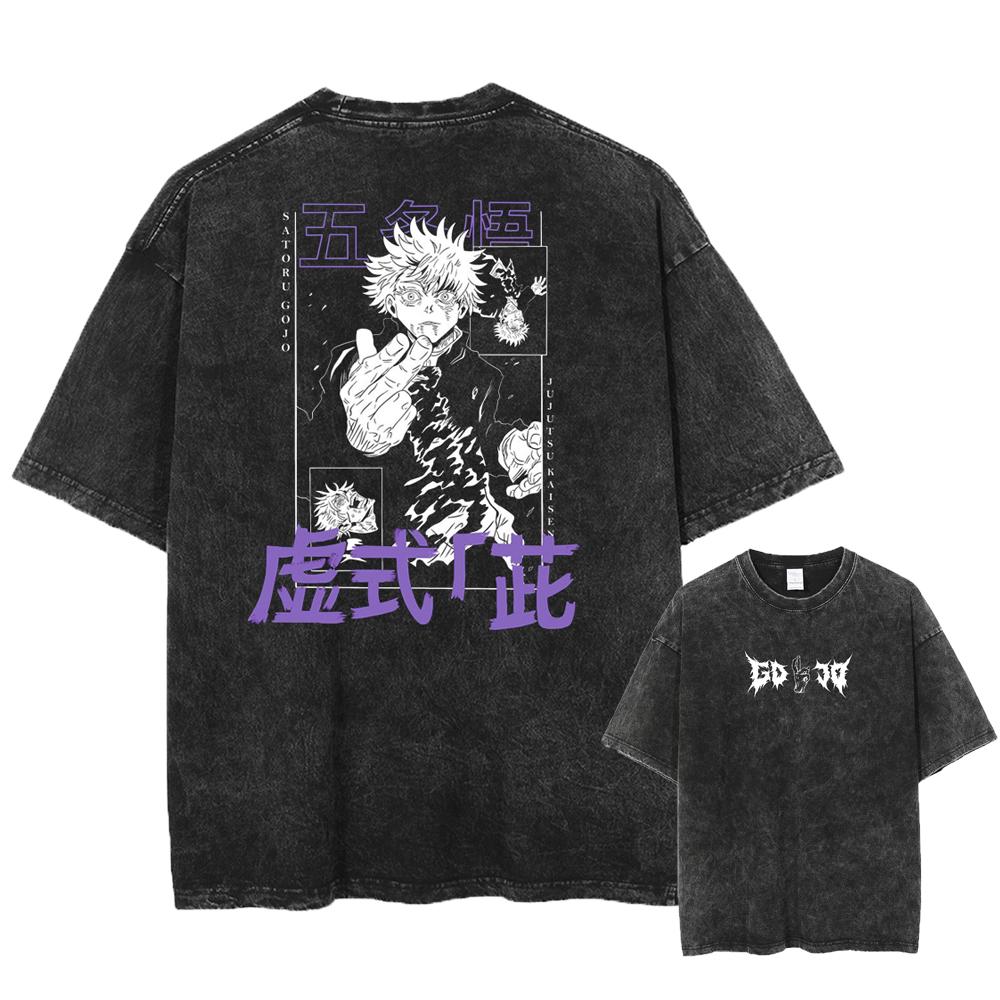 Japan Anime Jujutsu Kaisen Gojo Satoru Print Washed Tshirt Men High Quality Cotton T-shirts Manga Casual T Shirt Harajuku Tops