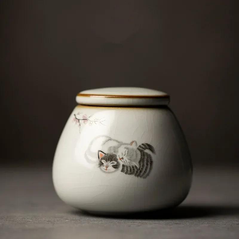 Retro Ru Kiln Ceramics Tea Caddy Cute Cat Pattern Portable Sealed Tea Leaf Containers Travel Tea Bag Storage Box Spice Organizer