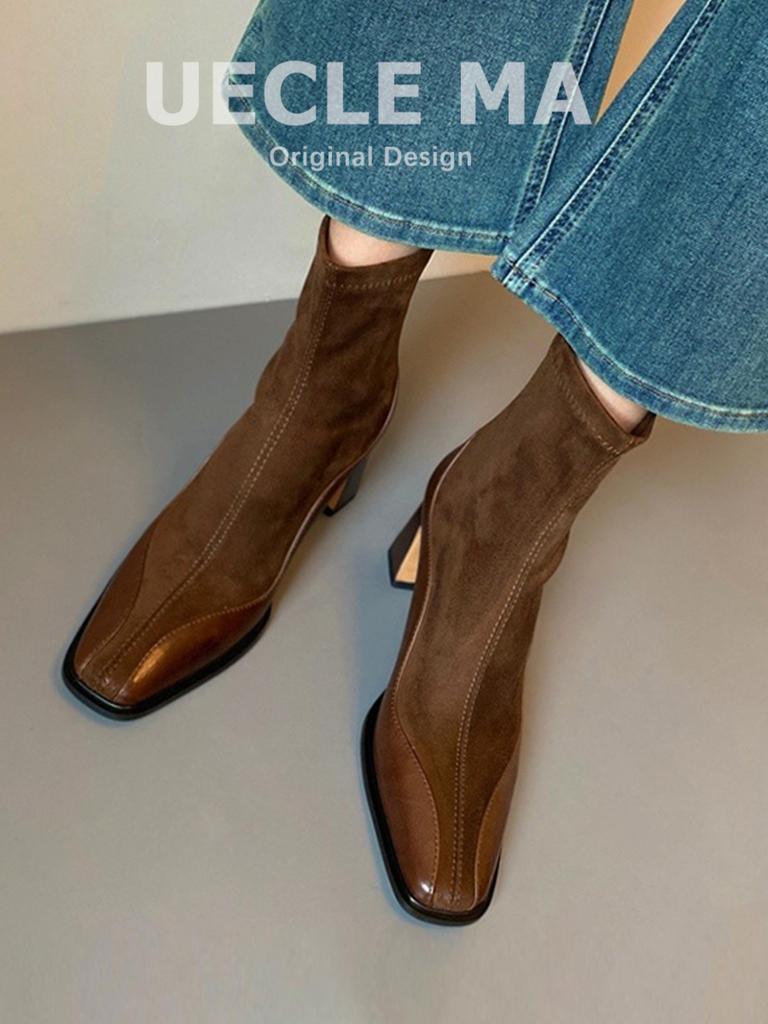 Cowhide~ Genuine leather short boots women's new autumn and winter thick heel Martin boots Chelsea thin boots French high heels autumn and winter