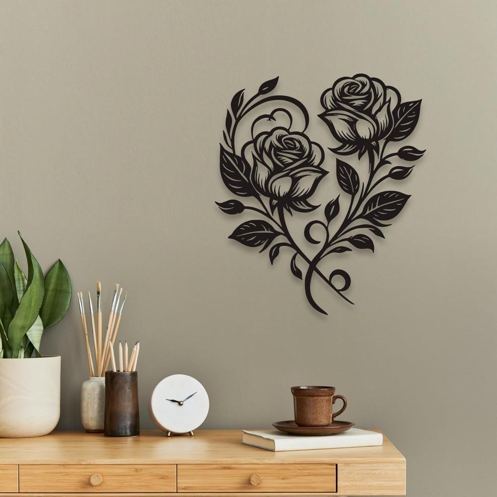 Wrought Iron Rose Heart Wall Art Black Metal Flower Home Decor Romantic 12.6x11 Inch For Living Room Bedroom Outdoor Valentine Gift