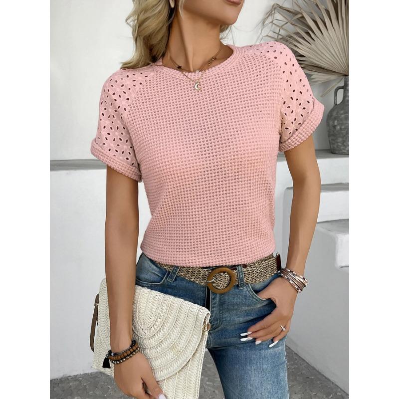 2025 Fashion Women's Blouses New Summer Casual Solid Colors Round Neck Hollow Out Lace Spliced Short-Sleeved Shirt Top For Women