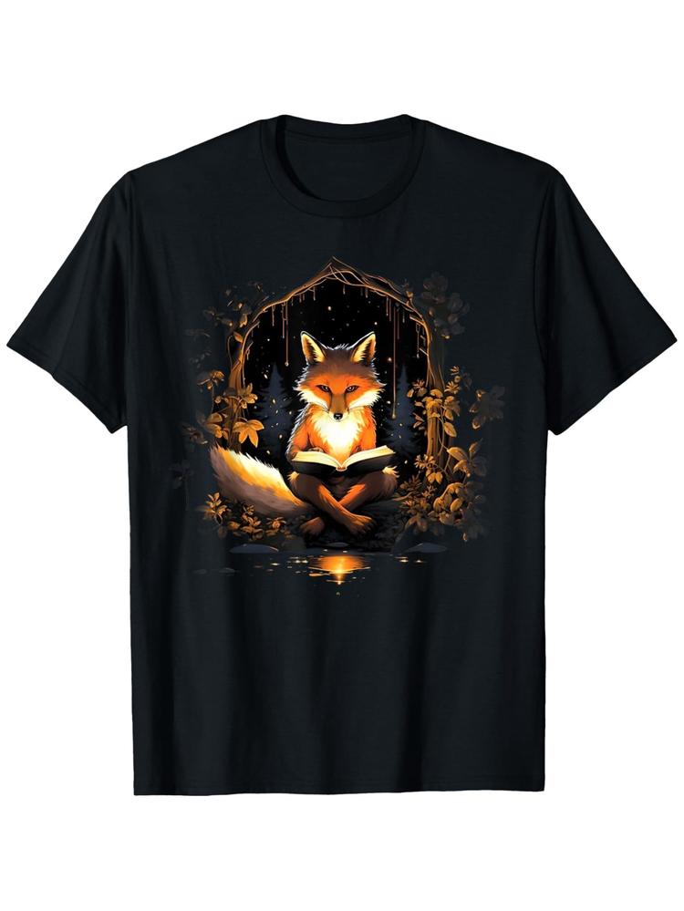 Vintage Graphic 100 Cotton TShirt Fox Reading Book In Forest Arch Autumn