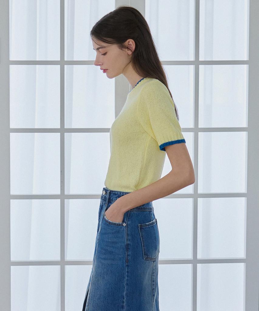 Deuloupisumeon Line Color Block Boucle Short Sleeve Knit [Lemon]