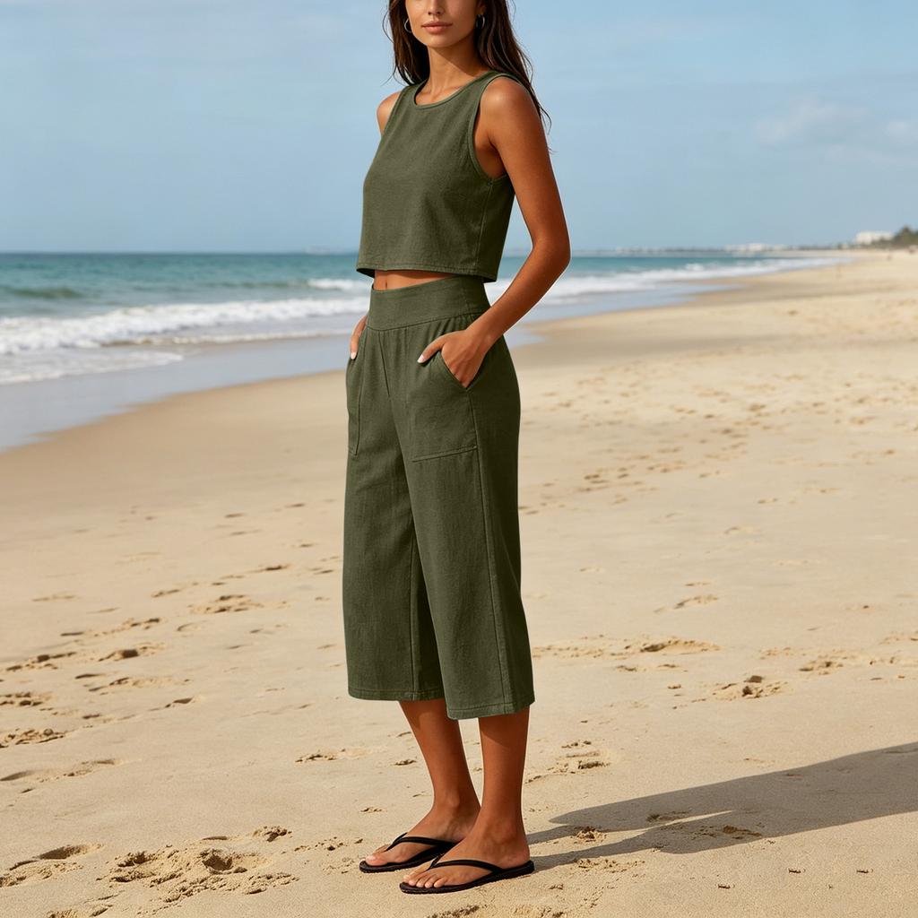 Sleeveless Crop Top and Wide Leg Pants Two Piece Set for Women Loose Fit High Waist with Pockets Casual Outfit