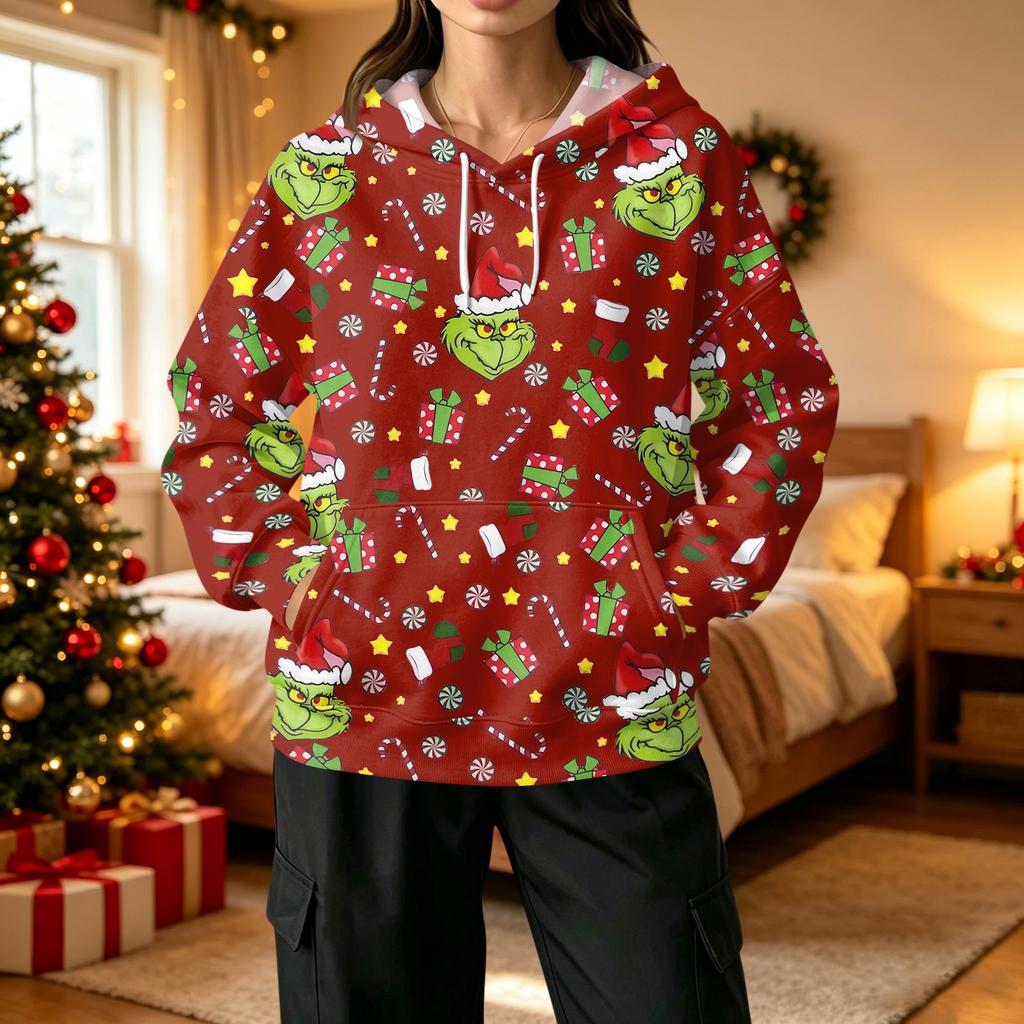 Women's Fashion Casual Christmas Print Hooded Sweatshirt with Pockets