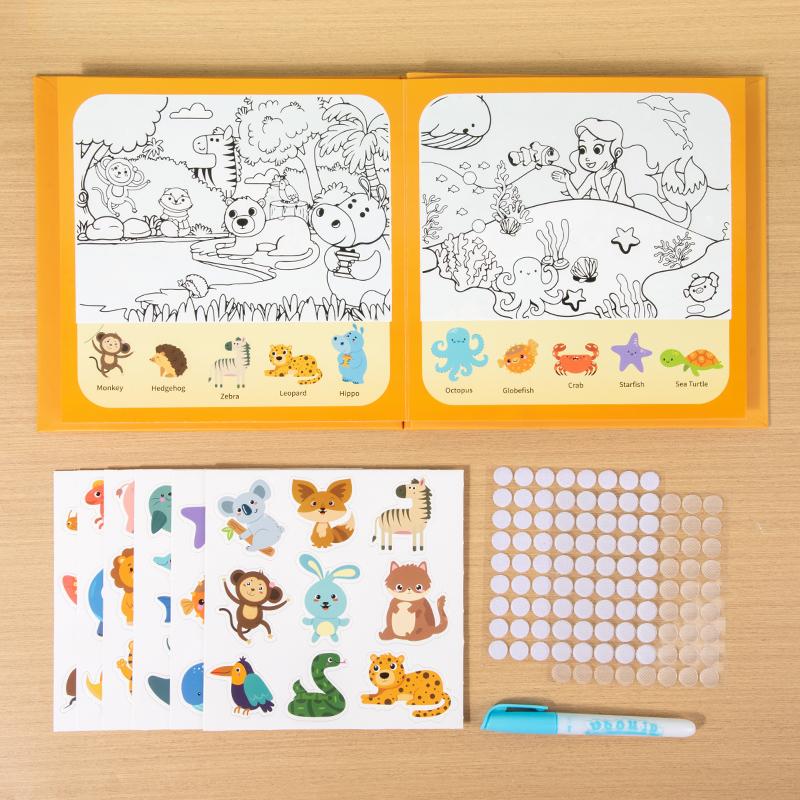 Magic Water Drawing Book 2-in-1 DIY Hand-on Puzzle Reusable Scene Stickers Educational Learning Cognition Toys for Kids Gift