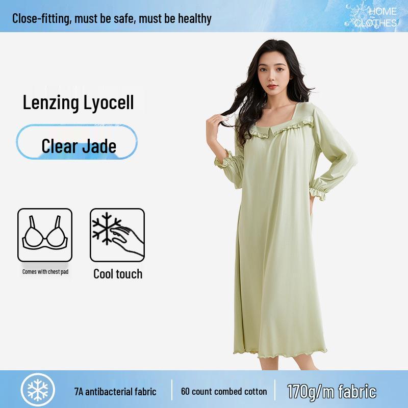 Plus Size Tencel Cotton Pajamas with Bra Pads: Summer Long Sleeve Cooling Nightgown for Women