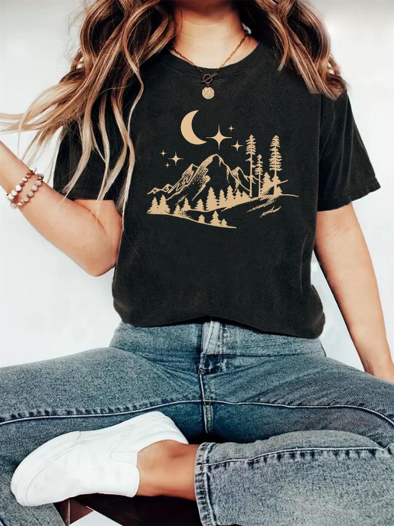 European & American Summer Women's Moon & Forest Print Round Neck Short-Sleeve Casual T-Shirt