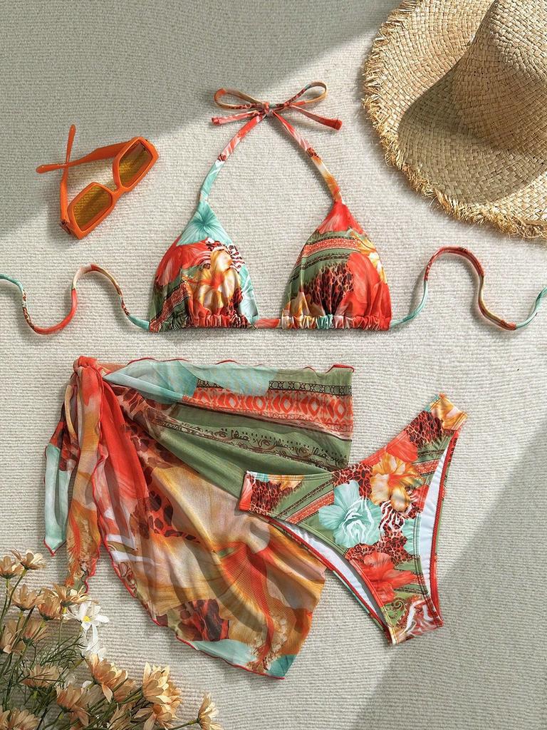 New European And American Apron Three-Piece Bikini Flower Print Lace-Up Swimsuit Women'S Swimsuit