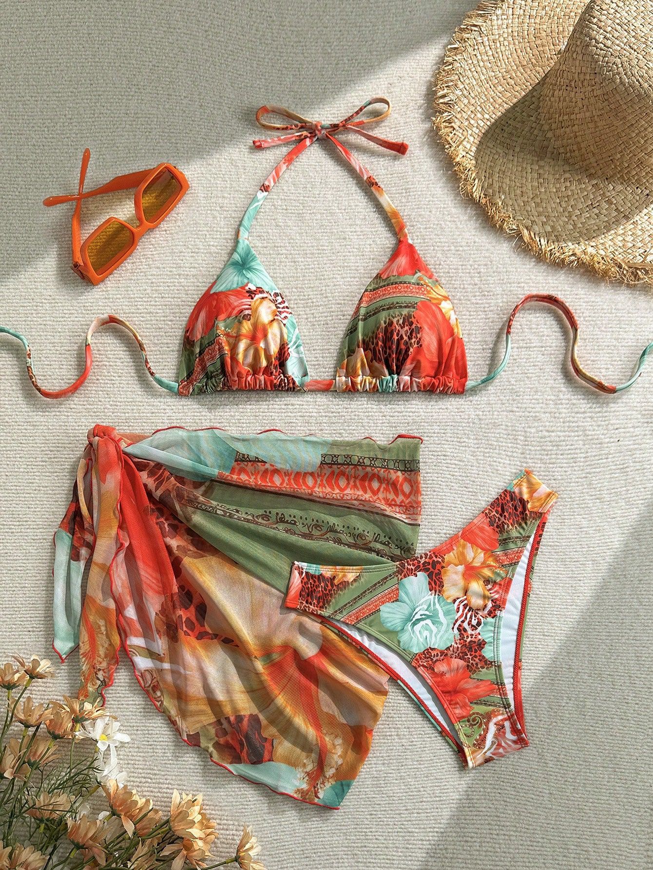

New European And American Apron Three-Piece Bikini Flower Print Lace-Up Swimsuit Women S Swimsuit S